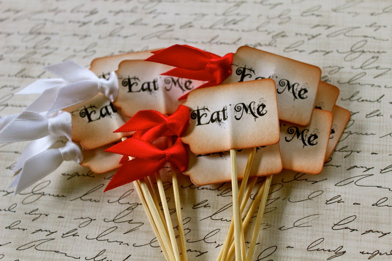 ITTY BITTY - Vintage Inspired "Eat Me" Cupcake Toppers - Set of 12 - You Choose Ribbon Color