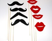 Mustache And Lips on a stick - Photo Booth Mask Prop  8 Piece Set for Wedding Parties or Just for Fun - Black and Red Felt
