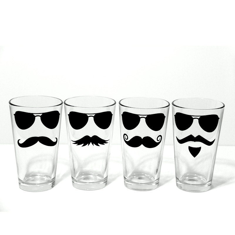 Incognito Mustache and Glasses  Drinking Glass Set - Fun Glassware Bar Ware 4 Piece Pint Size  Set - MustacheGlass
