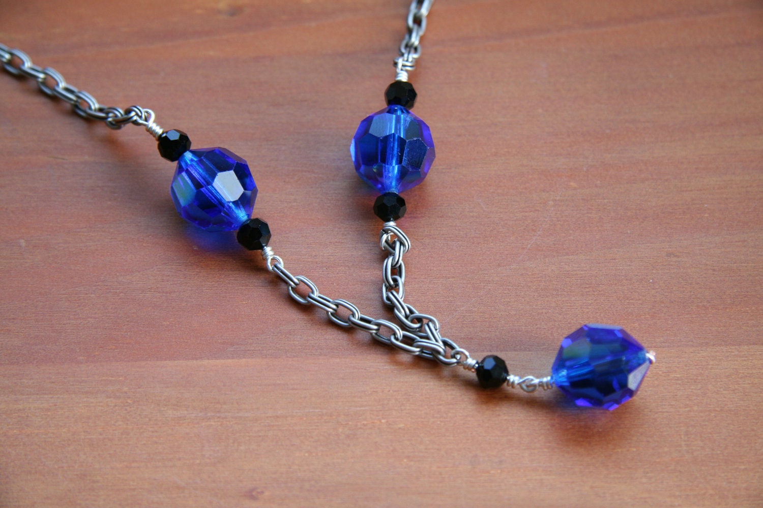 Vintage Czech Glass Necklace with Onyx and Antique Sterling Silver Chain