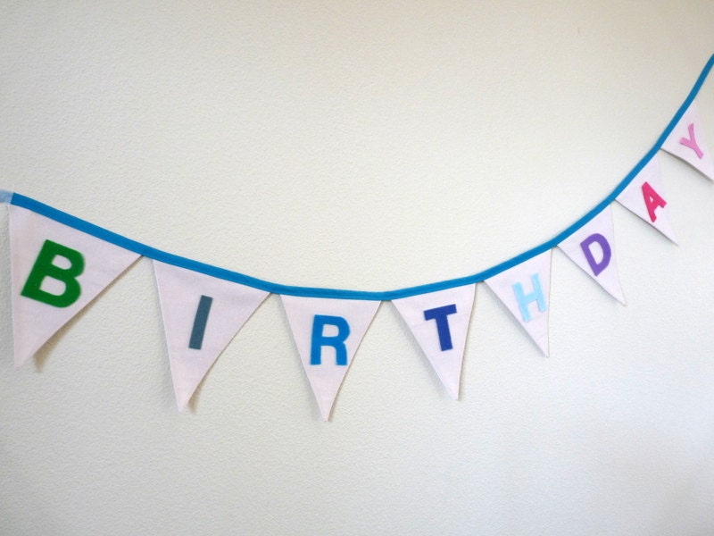 Happy Birthday fabric garland - Natural linen with rainbow felt letters  - 3 yds