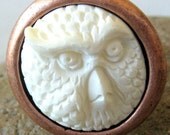 Wise Owl Carved Bone Antiqued Copper Ring