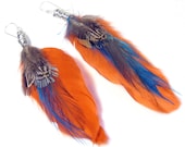 Orange Blue Feather Wire Wrapped Earrings