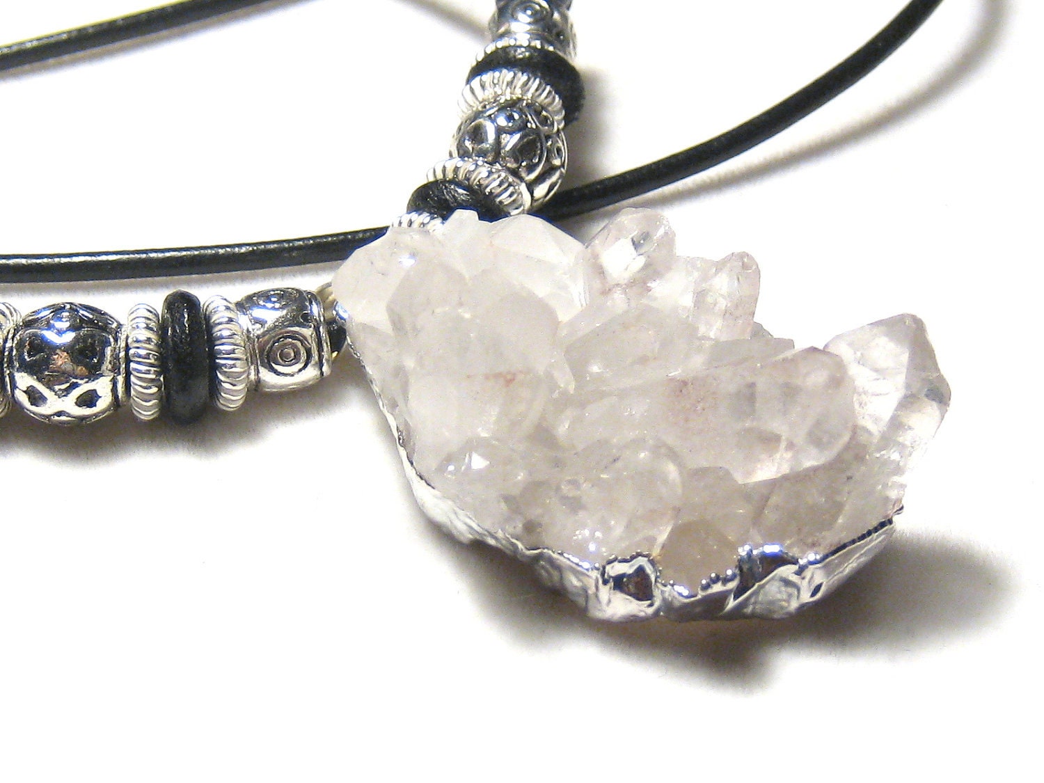 Crystal Quartz Cluster Pendant Leather Necklace