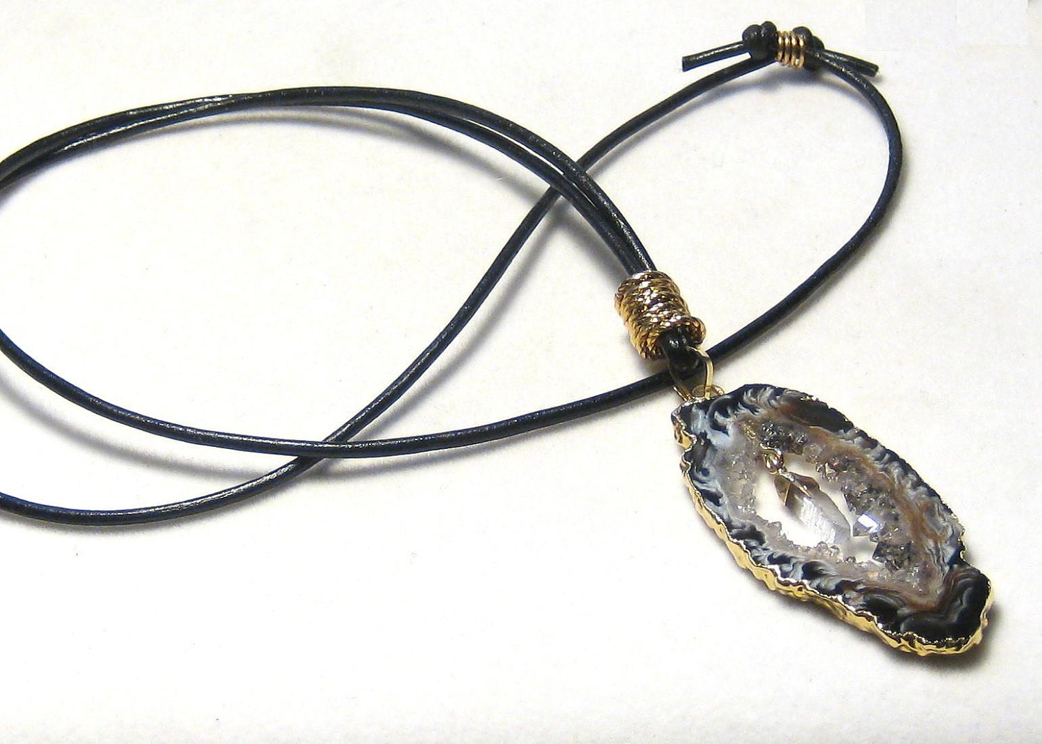 Black Agate Crystal Geode Pendant Leather Necklace