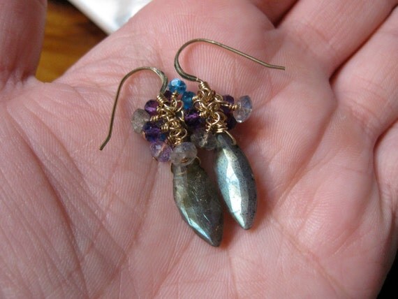 Labradorite Apatite Amethyst Cluster Gold Earrings