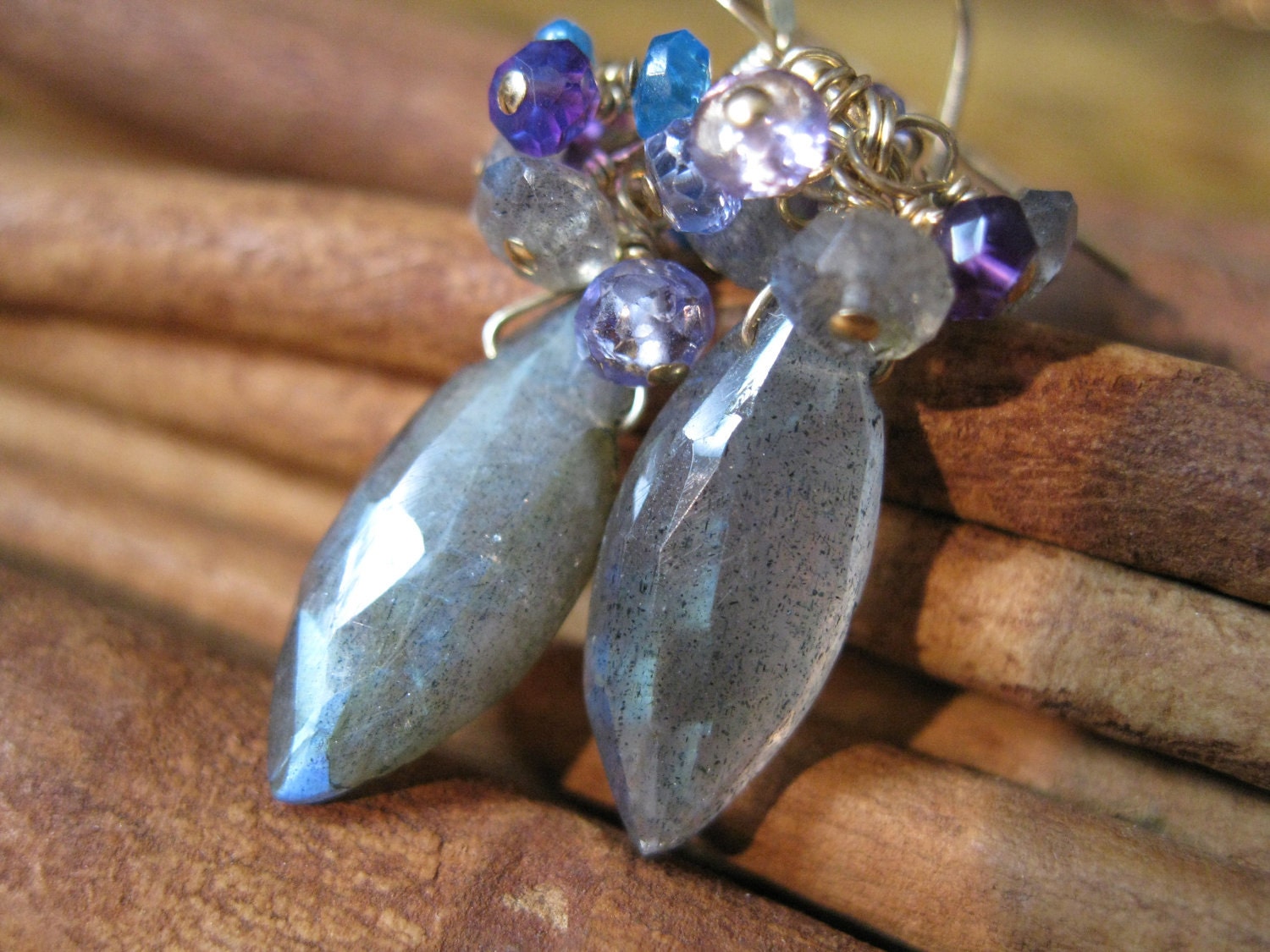 Labradorite Apatite Amethyst Cluster Gold Earrings