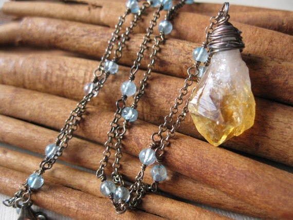 Citrine Crystal, Apatite Silver Necklace