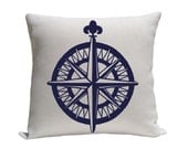Nautical compass pillow cover, Blue and white 14 inch pillow