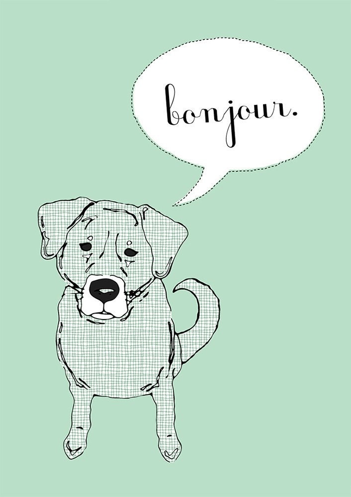 Bonjour - DOG Art Print - Mint Green and White 5x7
