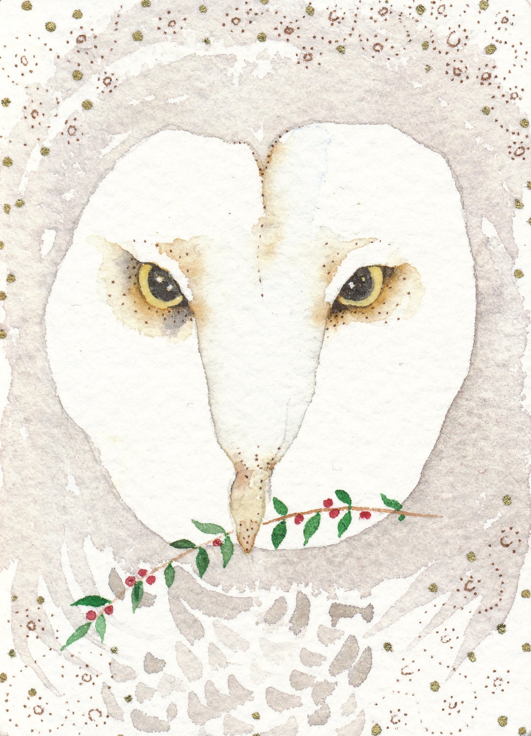 Barn Owl totem Aceo watercolor ORIGINAL miniature healing animal LUTOR - Free Shipping