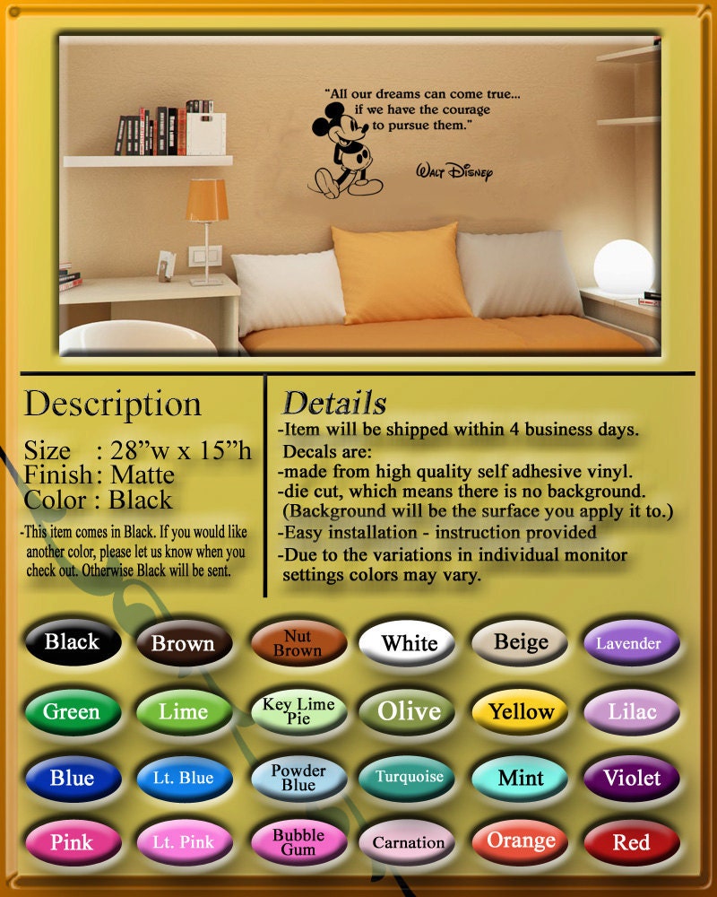 Walt Disney Mickey Mouse dreams can come true wall quote vinyl wall art decal sticker