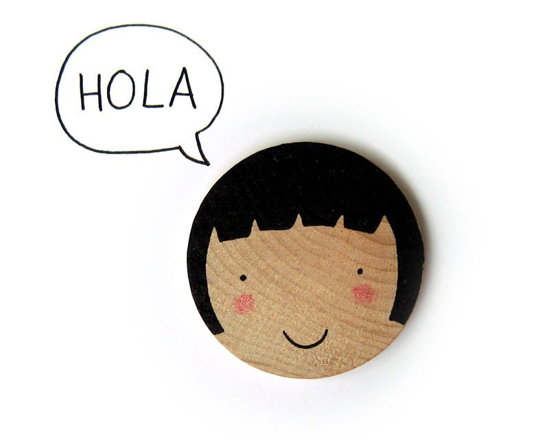 Happy Little Faces Hand Screenprinted Wood Brooch