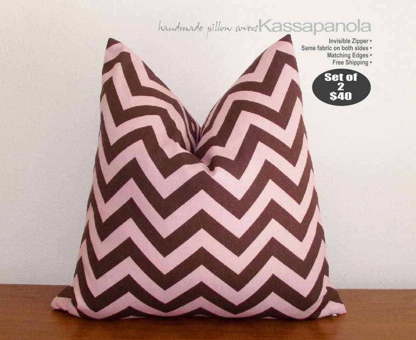SALE- Set of two (2) Decorative Pillow Covers- Chevron- Zig Zag- Brown-Pink- 18x18 inches