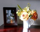 Golden Ranunculus with Green Hydrangeas in White China Mug - Flower Arrangement