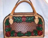 Painted Floral Basketweave Hand Tooled Leather Purse