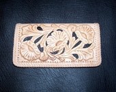 Floral Hand Carved Natural Leather Checkbook Cover