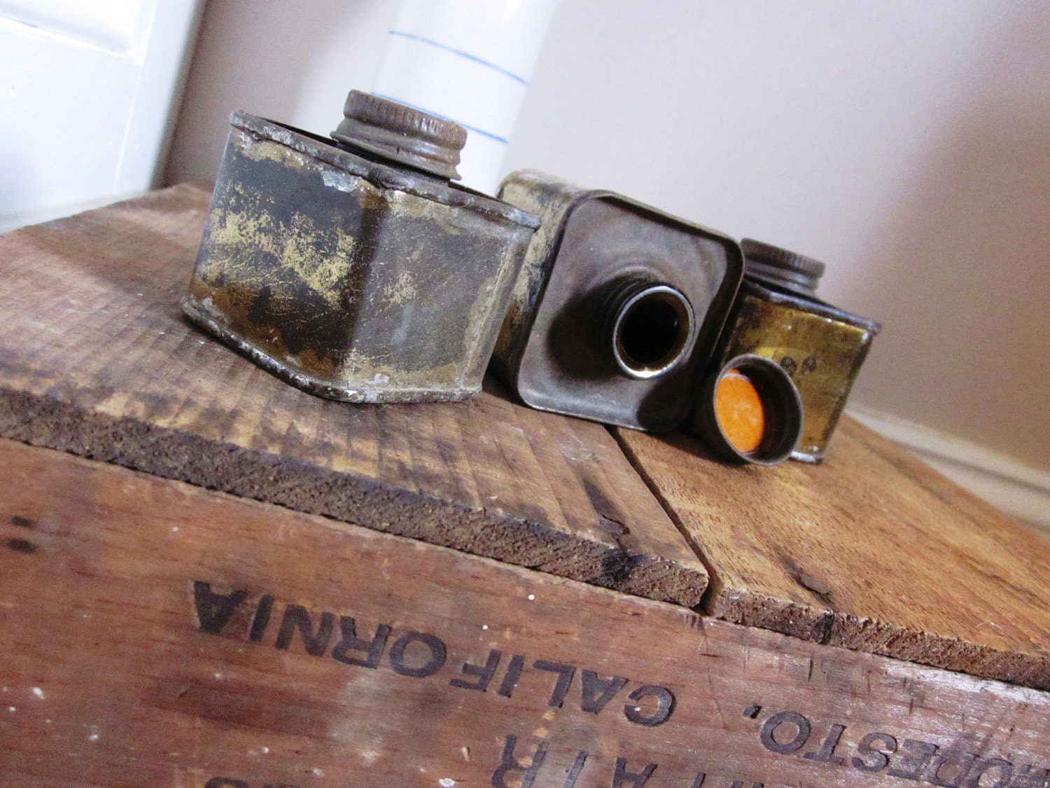 Set of Three Industrial Vintage Tin Inkwells