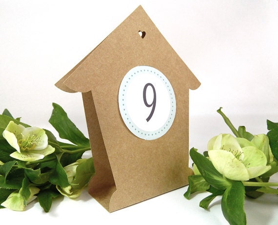 Birdhouse Table Number Tents - Two-Sided Rustic Country Kraft Paper Bird House Table Tents - Numbers 1 - 10 - WishDesignStudio