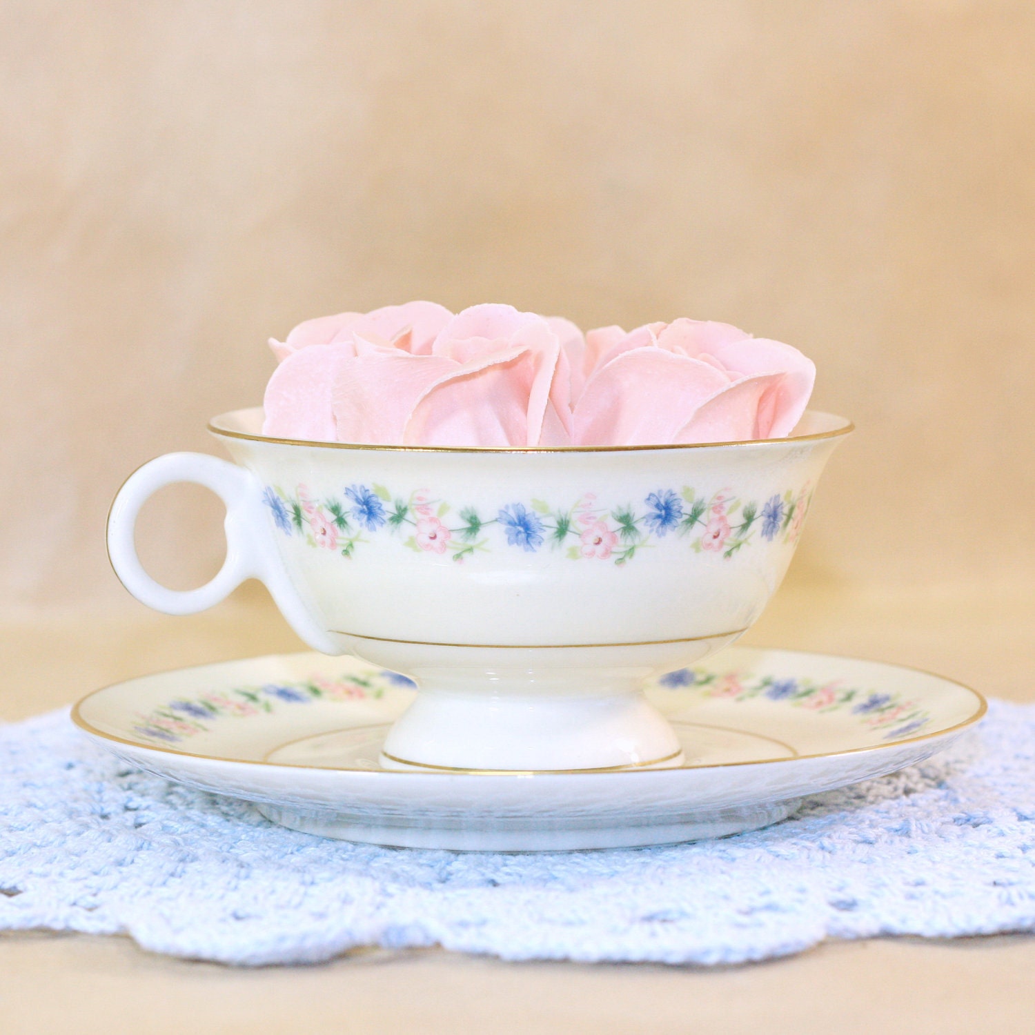 Vintage teacup and saucer by Theodore Haviland in blue and pink floral Pemberton pattern