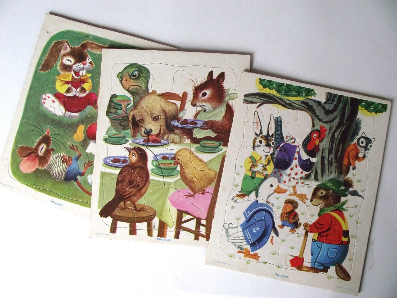 Playskool Puzzle Set 1960s Forest Animal Toy Childrens Decor Retro Kids Style for Bedroom Nursery Golden Books Kitsch
