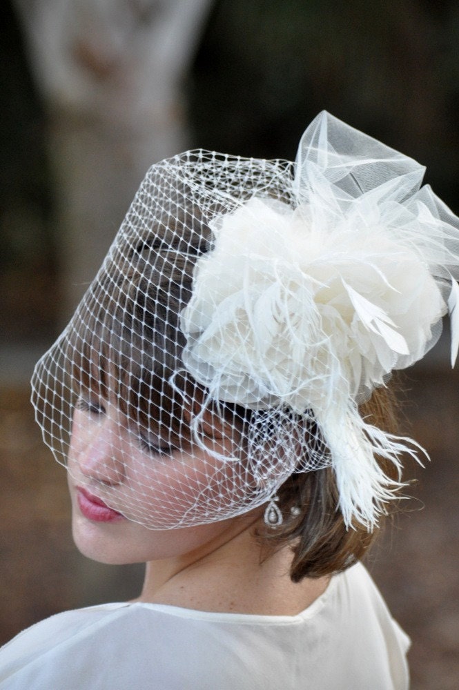 Bridal Headpiece-Grace Design with Blusher Veil-Flower & Feather