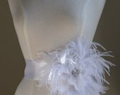 Bridal Sash- Flower & Feather w/ Rhinestone and Pearl Beaded Center