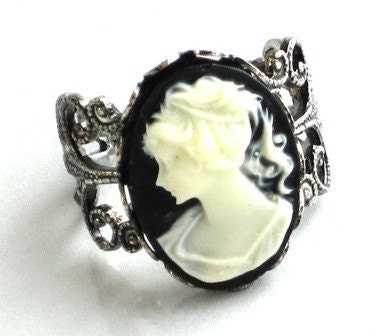Steampunk Cameo Ring - LADY IN BLACK - Beautiful Vintage Design - Antique Silver Setting - Neo Victorian - GlazedBlackCherry