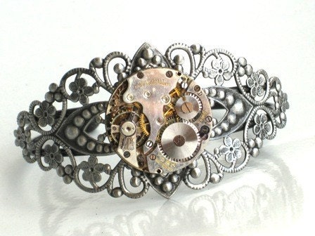 Steampunk VICTORIAN FILIGREE Jeweled Watch Movement - Bracelet Cuff - Gears and Cogs - Antique Gun Metal - By GlazedBlackCherry