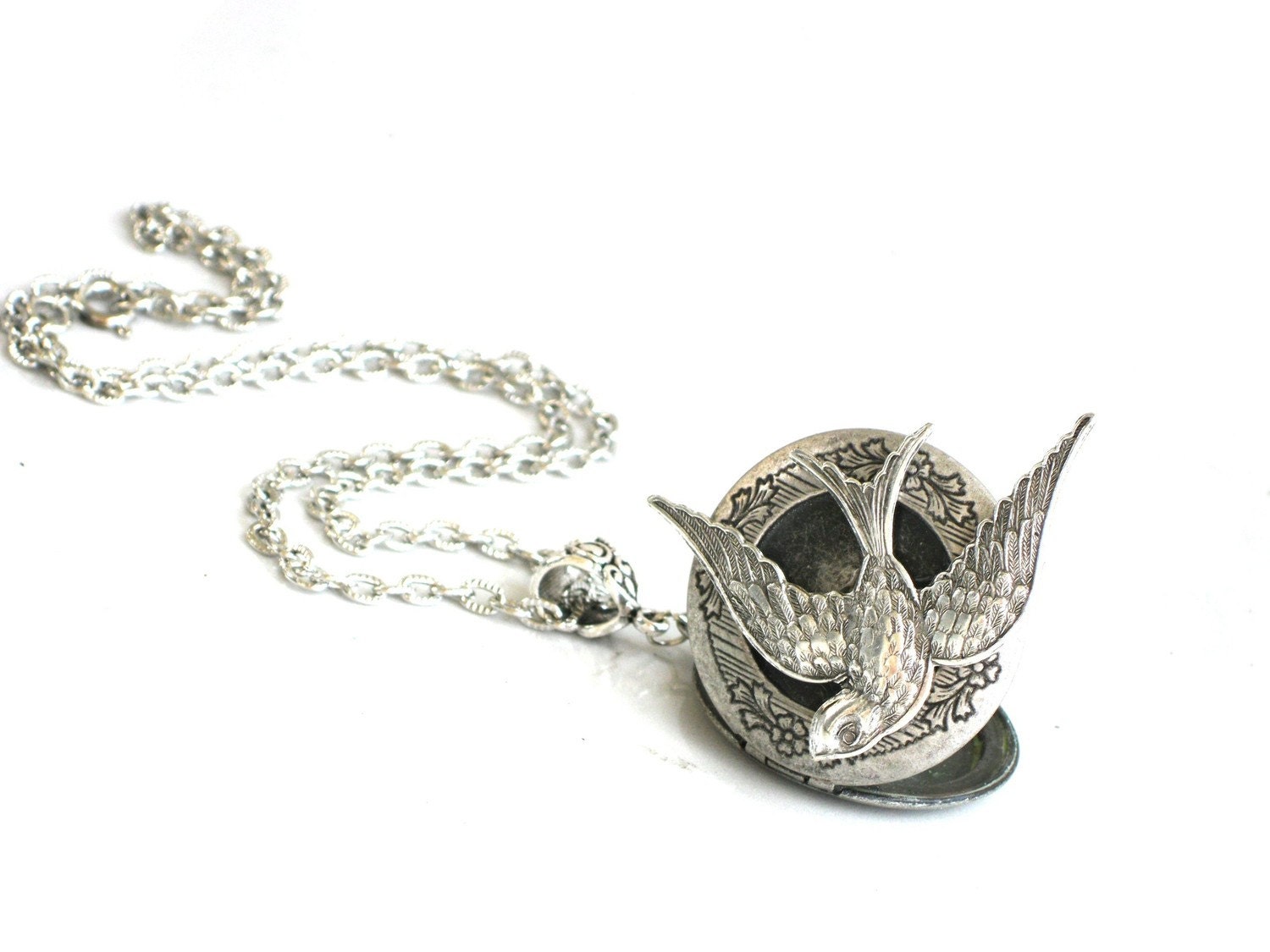 Steampunk BIRD IN FLIGHT Locket Necklace - Antique Silver Pendant - Neo Victorian - By GlazedBlackCherry
