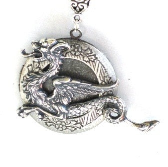 Steampunk - FIRE BREATHING DRAGON Locket - Pendant - Necklace - Antique Silver - Neo Victorian - By GlazedBlackCherry