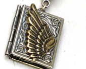 Steampunk - MAGICAL WINGED BOOK Locket - Pendant - Necklace - Antique Brass and Silver - Neo Victorian - By GlazedBlackCherry