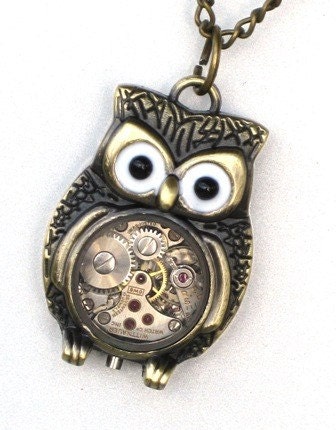 Steampunk - Time Flys MR OWL Pendant- Jeweled Watch Movement - Gears and Cogs - Antique Brass - Neo Victorian - By GlazedBlackCherry