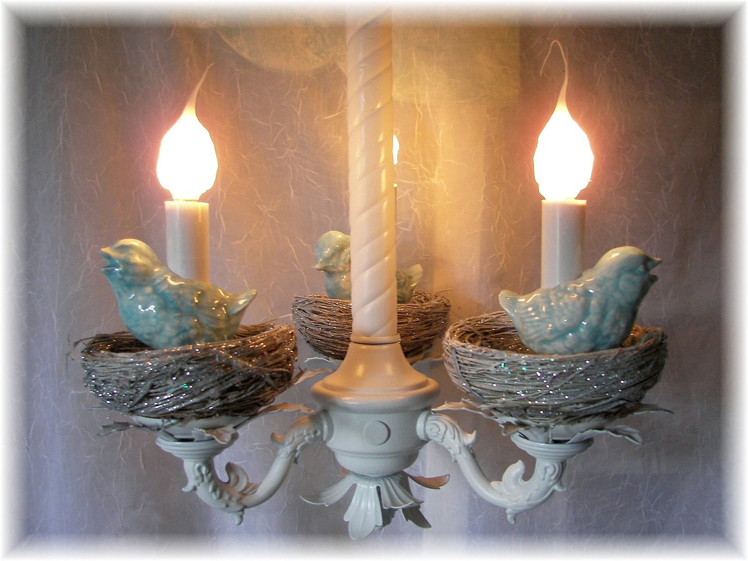 Vintage Ceramic Bird Chandelier with Blue Birds on silver glitter Nest