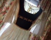 Sale was 45 Vintage Maxi Dress Lined 1970s Size 7 Ecru Vickey Vaughn Hippie Chic  with Luxurious Black Velvet trim and Bell Sleeves