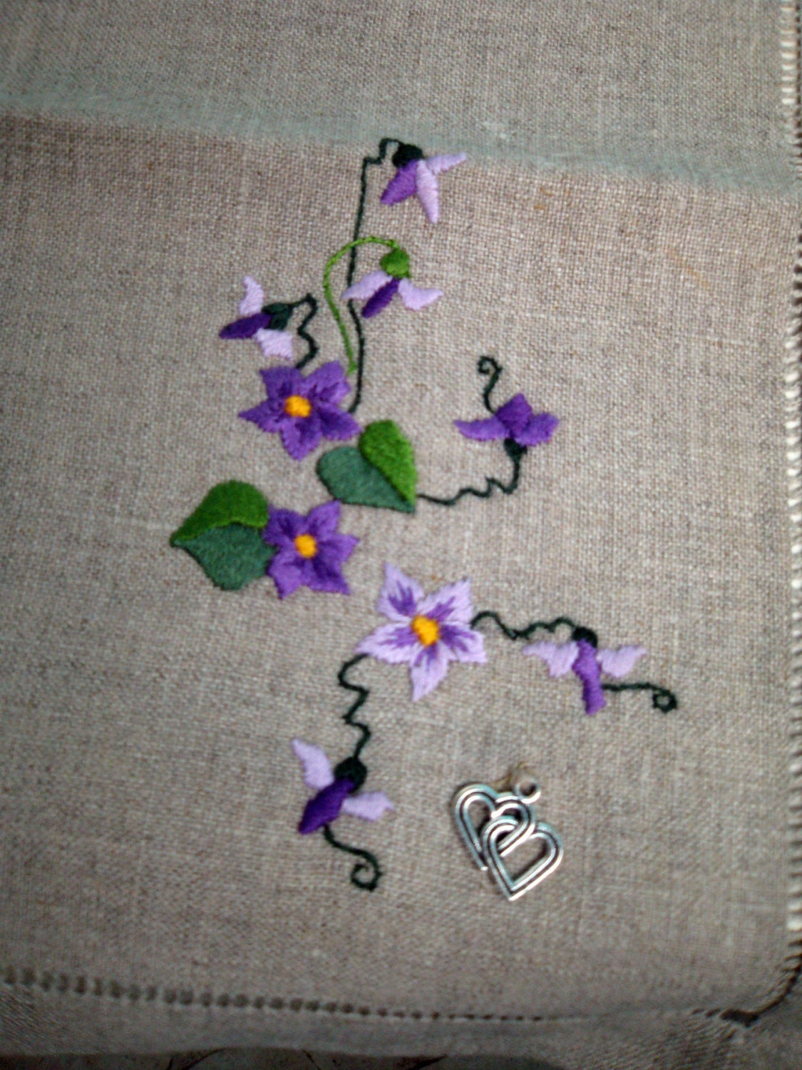 Linen Napkin - Hand embroidery shading technique - Wild pansy flower