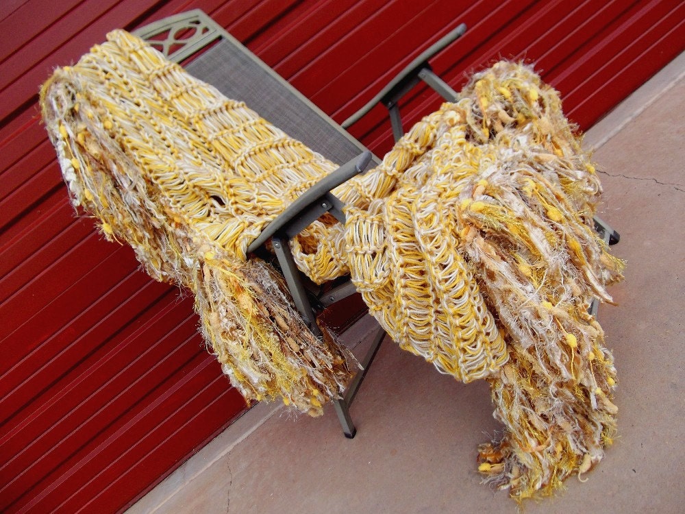 Yellow Blanket Gold Yellow Throw Blanket. Fringe Golden Yellow Home Decor with Butter Cream, Beige, Tan