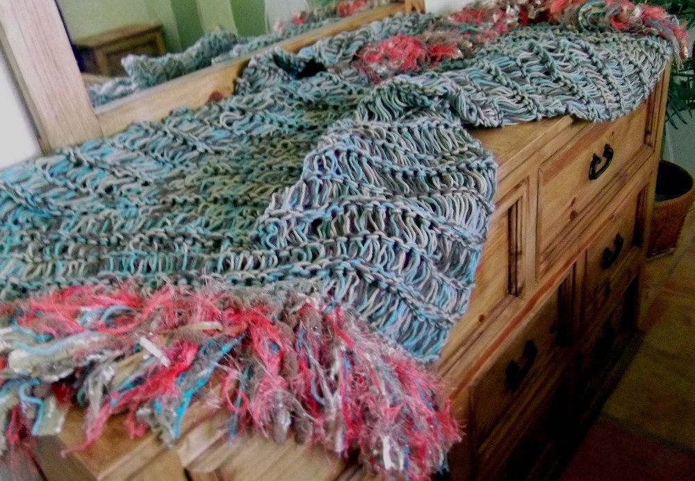 Blanket Throw: Teal, Coral, Aqua, Turquoise, Salmon, Gold Southwest Afghan. 6 Inch Fringe. Southwestern Home Decor
