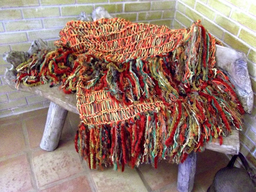 Colorful Knitted Throw Blanket in Green, Rust, Yellow, Orange, Gold, Brown. Fringed Home Decor Afghan Lap Warmer