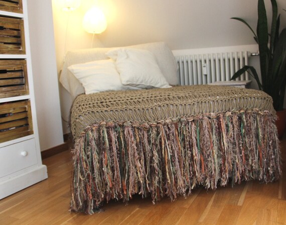 Taupe Brown Rustic Home Decor Throw Blanket with Green, Cream in Fringe. Afghan Lap Warmer for Chaise Lounge, Hand Knit
