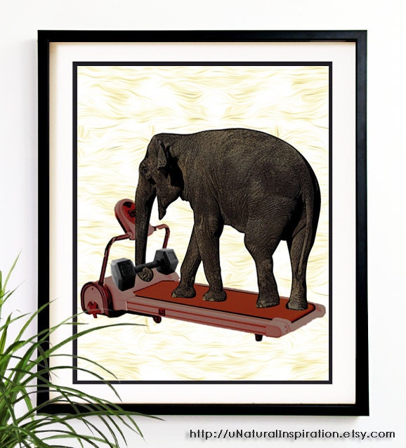 20% OFF Sale. Elephant Art print Elephant working hard at the gym animals art deco safari prints 8x10 excercise (1010)