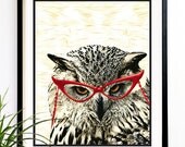 20% OFF Sale Gifts for her Owl Art print Mrs. Owl vintage red glasses vintage inspired art home decor etsy gifts (9027)