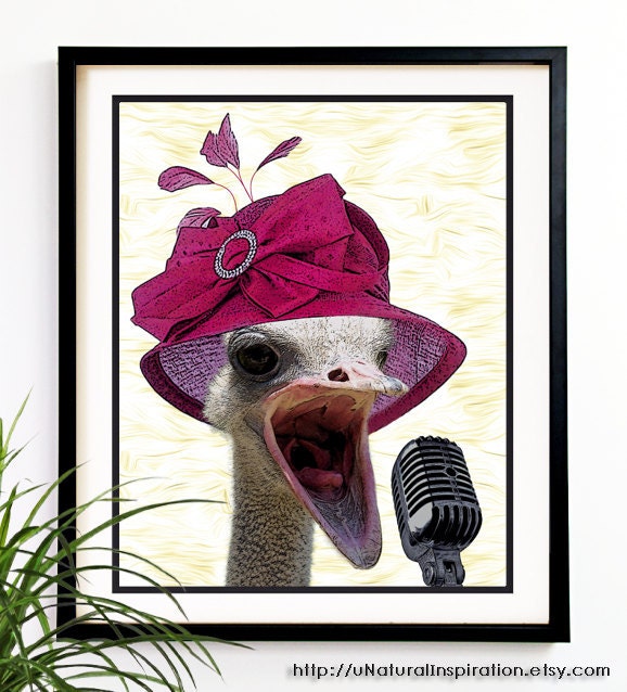 20% OFF Sale. Rock Ostrich Art print Mrs. Ostrich singing Art print Bird prints bird art prints 8x10 (1052)
