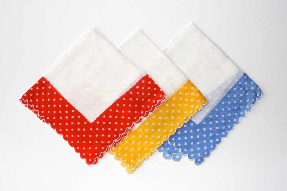 Itsy Bitsy Red, Yellow, and Blue Polka Dot Handkerchiefs or Pocket Squares (Set of Three)