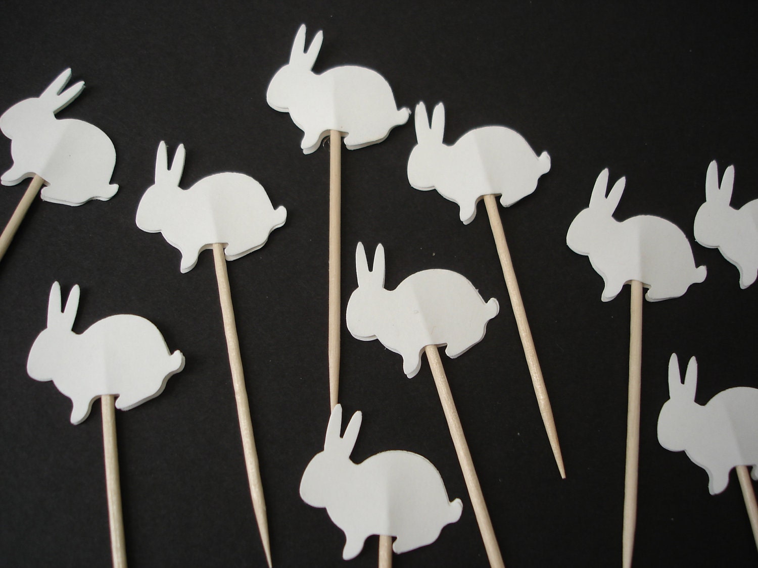 24 Decorative White Sitting Bunny cupcake toppers, party picks, toothpicks, food picks - No818