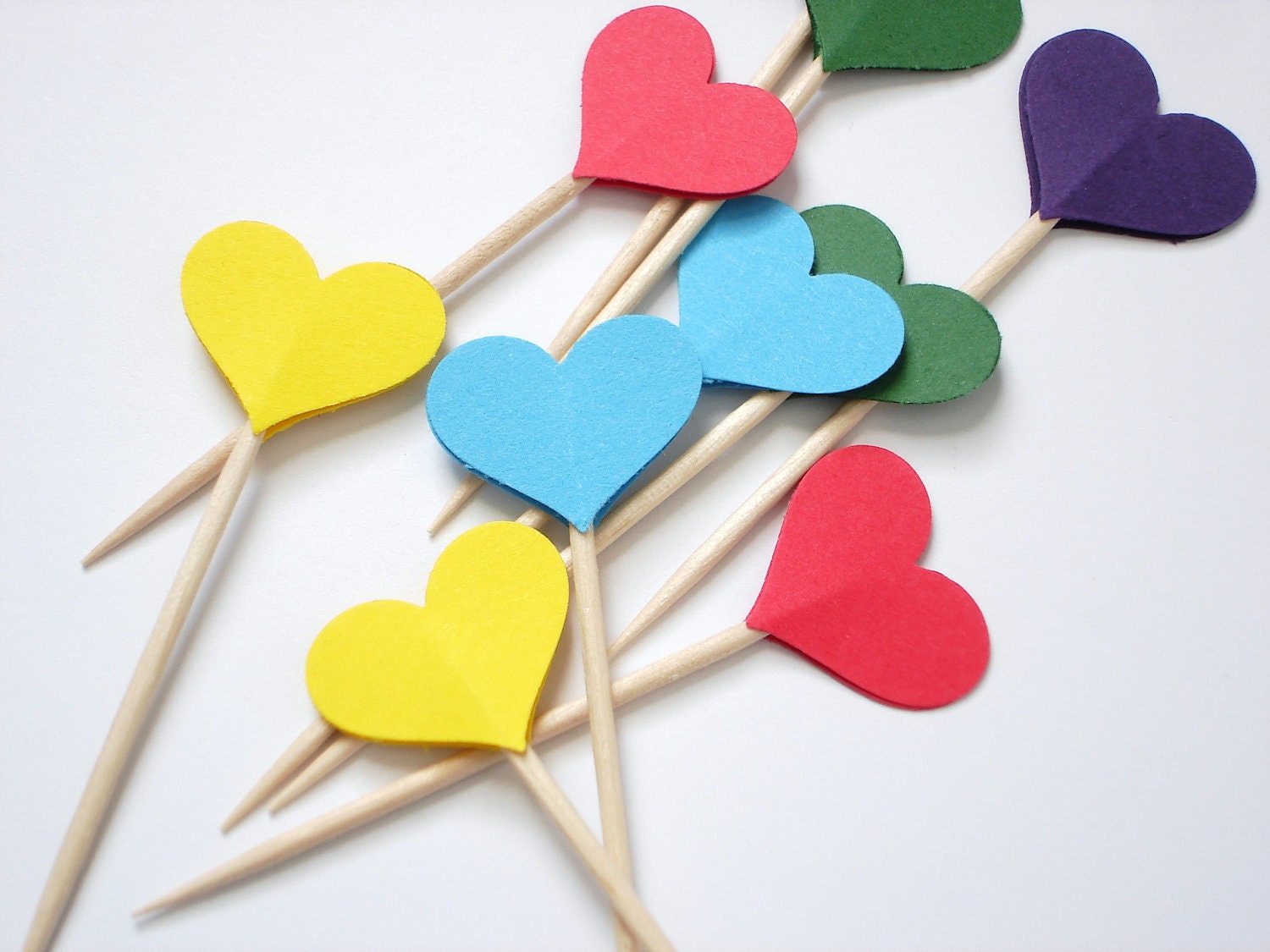 24 Yellow Red Blue Green Purple Small Heart Party Picks, Cupcake Toppers, Food Picks, Toothpicks, Drink Picks - No493