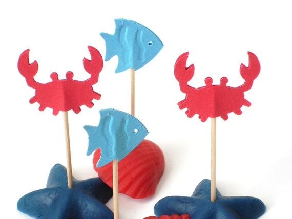 24 Sea Life Blue Fish Red Crab Cupcake Toppers, Party Picks, Toothpicks, Food Picks - No447