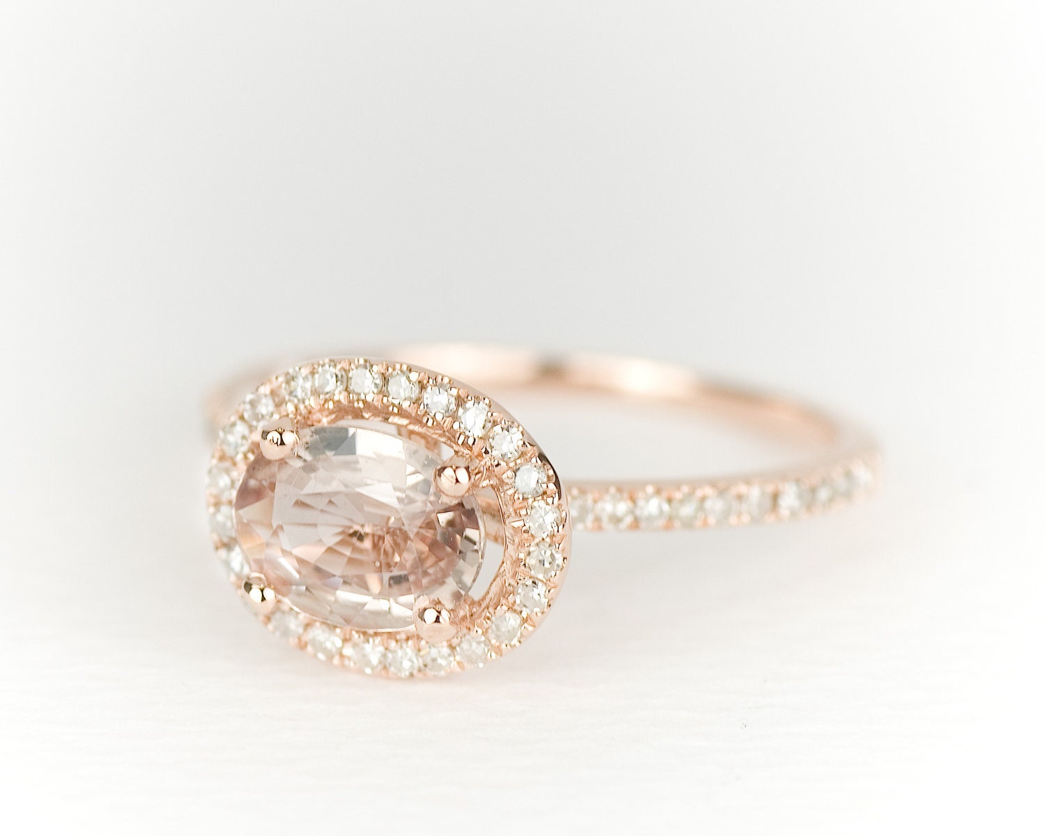Champagne Oval Sapphire Diamond Halo 14k Rose Gold Ring - SALE
