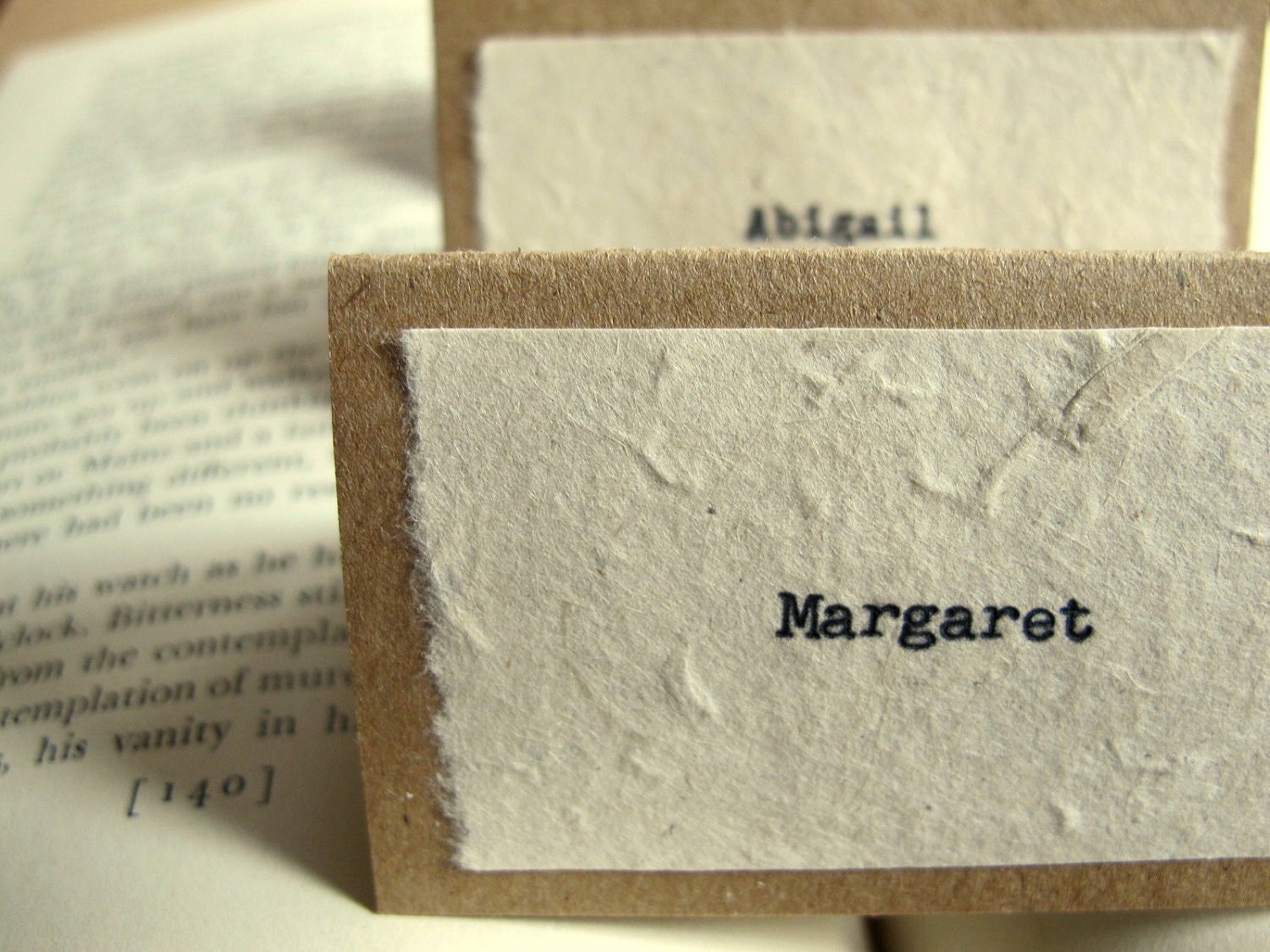 Unique Wedding Place Cards / Escort Cards - Rustic, Vintage-Inspired, Natural - Recycled Kraft & Handmade Papers, True Typewriter Type