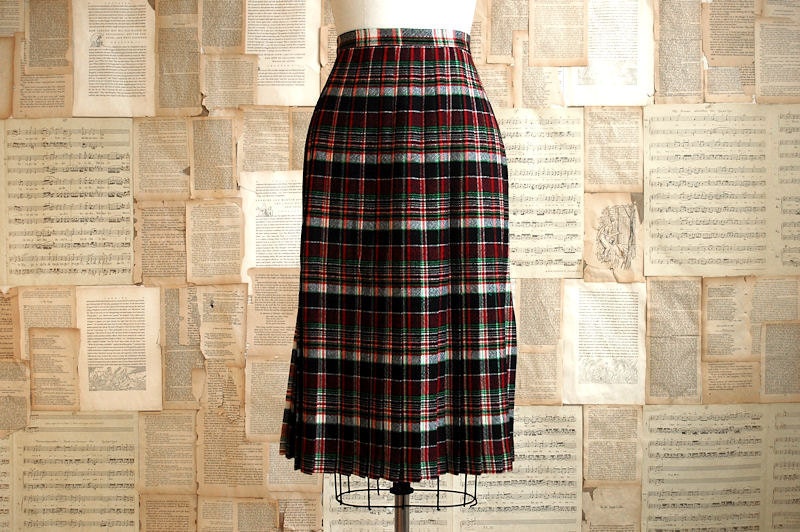 vintage 70s pleated plaid wool skirt s/m